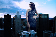 giantess collage city helicopter brunette wonderslug dress skyscraper sky twilight evening daisy_ridley
