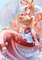 drawing gentle giantess color long_hair clothed cleavage mermaid underwater red_hair sitting belly shorts bubbles hat shirt