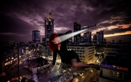 giantess collage city helicopter red_hair fishnets skyscraper clouds night sky spot_light city_lights