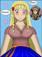 drawing gentle blushing blonde color cleavage smiling shrunken_man looking_at_tiny hanachronicler between_breasts