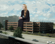 giantess collage wonderslug sitting streets clouds sky parking_garage sophie_turner