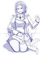 drawing giantess blushing monochrome large_breasts butt clothed barefoot glasses crying domination mini_giantess kneeling uniform bending_over shrunken_man sketch pants punishment spanking voluptuous navy military_uniform unwilling pain no_background kantai_collection bruises admiral katori sore takaisen