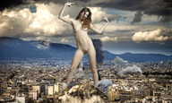 breasts giantess collage nude pussy city destruction brunette unknown_artist mountains smoke sky