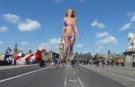 breasts giantess collage mega blonde swimsuit buildings london walking people streets sky flag red_white_blue heidi flag_bra qeex