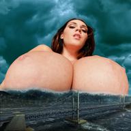 breasts giantess collage mega bridge destruction huge_breasts brunette topless looking_at_viewer captain_rand