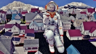 gentle giantess spaceship town mountains vehicles astronaut kneeling_down drcreep looking_at_tiny digital_render on_palm