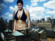 giantess collage city swimsuit cleavage wet short_hair unknown_artist belly skyscraper clouds sky between_buildings