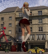giantess panties city upskirt blonde clothed skirt high_heels buildings socks ponytails standing vehicles onlookers looking_up sweater bike digital_render moped