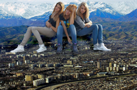 collage city mega buildings sitting mountains giantesses sneakers looking_at_viewer awings