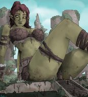 drawing giantess color bra butt_crush blood fang brunette yellow_eyes ponytail worship looking_down chained orc ogress green_skin pointed_ears bluerune93 cult human_jewelry sacrifice offering breasts mega sitting skull makeshift_clothing