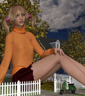 gentle giantess blonde clothed skirt sitting ponytails houses sweater trees fence leaves digital_render moped