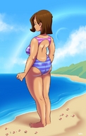 drawing gentle giantess mega color butt swimsuit beach barefoot ocean brunette onlookers umbrellas