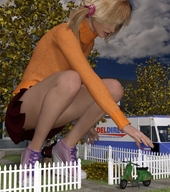 gentle giantess blonde clothed skirt high_heels reaching ponytails houses crouching sweater fence digital_render moped delivery_truck