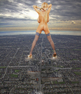 giantess nude pussy city mega blonde long_hair butt destruction high_heels huge_breasts stockings topless legs standing bracelet looking_away captain_rand