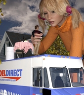 gentle giantess blonde long_hair clothed handheld table ponytails chairs sweater fence digital_render moving_van 55_gallon_drum
