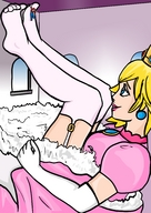 drawing growth gentle giantess blonde color blue_eyes toes mario princess_peach princess smiling gloves nylons crown dangle indoors looking_at_tiny grandezu