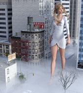 gentle giantess city blonde long_hair clothed cleavage high_heels buildings dress walking ponytails streets fog digital_render
