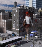 gentle giantess city long_hair clothed skirt buildings shoes socks red_hair bus walking ponytails streets onlookers purse sweater digital_render