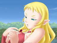 breasts drawing gentle giantess blonde color long_hair blue_eyes clothed cleavage elf dress mountains forest touching hood cloak yousei_no_omoide between_breasts