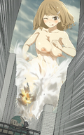breasts drawing nipples giantess nude blushing city color tongue destruction buildings anime brunette tank low_angle brown_eyes explosion sky point_of_view licking_lips street_view uru bare_midriff