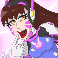 drawing vore color tongue brunette yellow_eyes open_mouth overwatch widowmaker d.va cutelittlenightmare hana_song