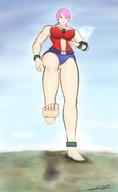 drawing giga color barefoot red_eyes huge_breasts pink_hair foot_crush looking_down raised_foot imminent_crush yamumil