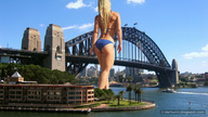 gentle giantess collage blonde long_hair butt swimsuit bridge water walking palm_trees sydney australia hotel