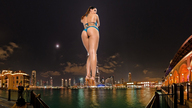giantess collage city mega black_hair long_hair butt swimsuit water high_heels buildings brunette low_angle moon legs burj_khalifa skyscraper night curvy tattoo stars seductive dubai backside captain_rand alison_tyler