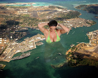 breasts giantess collage mega black_hair swimsuit cleavage water ocean wet bay boats tattoo aircraft_carrier harbor wading captain_rand alison_tyler