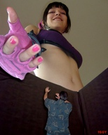 collage teeth smiling gloves navel shrunken_man looking_down trapped point_of_view bracelet sports_bra reaching_out iggy62