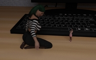 long_hair clothed barefoot high_heels multiple_sizes green_hair kneeling belly shrunken_woman looking_down women standing sweater computer mini_skirt keyboard desktop digital_render stretch_pants
