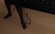 gentle clothed barefoot cleavage multiple_sizes kneeling shrunken_woman women standing mini_skirt keyboard digital_render stretch_pants