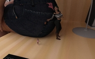 gentle long_hair barefoot high_heels multiple_sizes green_hair sitting belly shorts shrunken_woman standing looking_up desk sweater mini_skirt keyboard digital_render stretch_pants