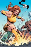 breasts drawing giantess city mega comic long_hair destruction clothed buildings angry giganta red_hair boots foot_crush belly shorts looking_down vehicles fist costume top dialogue debris dc_comics onlooker