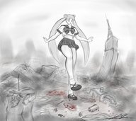 drawing giantess city monochrome destruction buildings shoes blood sailor_moon foot_crush vehicles usagi_tsukino sailor_outfit
