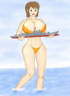 drawing giantess color swimsuit handheld cleavage ocean playful huge_breasts brunette brown_eyes short_hair battleship yamumil