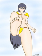 drawing black_hair color long_hair swimsuit barefoot soles huge_breasts low_angle looking_down point_of_view sakaki azumanga_daioh raised_foot perspective imminent_crush looking_at_tiny yamumil