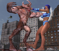 giantess horns city swimsuit destruction barefoot blue_hair monster fighting hotrod5 digital_render