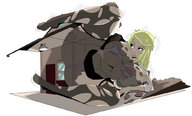 breasts drawing growth nipples giantess panties blonde color long_hair destruction blue_eyes bra huge_breasts stockings outgrowing_building lying_down legs houses ripped_clothing debris no_background