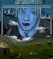 drawing giantess white_hair color cleavage yellow_eyes blue_skin tribe huts looking_at_tiny pointed_ears bluerune93 smirking vivarium