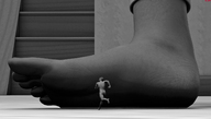 nude monochrome barefoot running shrunken_man indoors drcreep digital_render