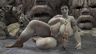 breasts giantess nude barefoot huge_breasts tattoo between_fingers drcreep looking_at_tiny digital_render
