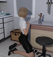 gentle blonde clothed skirt shoes kneeling camera shrunken_man pants chair runswithferrets shirt examination digital_render doctors_office