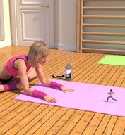 gentle blonde barefoot shrunken_man indoors runswithferrets mat looking_at_tiny digital_render