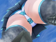 drawing giantess panties hatsune_miku upskirt color butt jets skyscraper thighs sky point_of_view thigh_highs striped_panties