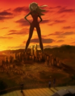 drawing giantess city mega color anime neon_genesis_evangelion skyscraper sky sunset asuka_langley_soryu observers zboczony gainax