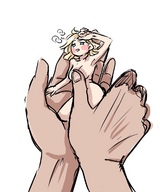 drawing nude blushing blonde color handheld shrunken_woman overwatch pharah super_toned mercy_(overwatch)
