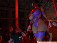 breasts giantess black_hair huge_breasts blood ponytail indoors crowds redfiredog digital_render
