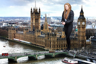giantess collage city mega bridge water wonderslug bus london walking boats vehicles sky jacket pedestrians sophie_turner united_kingdom arial_view houses_of_parliament