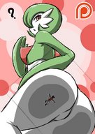 drawing giantess pokemon color butt butt_crush red_eyes low_angle green_hair short_hair gardevoir open_mouth thighs sat_on looking_back hand_on_hips etz confused bare_legs pubic_mound clear_chair question_mark